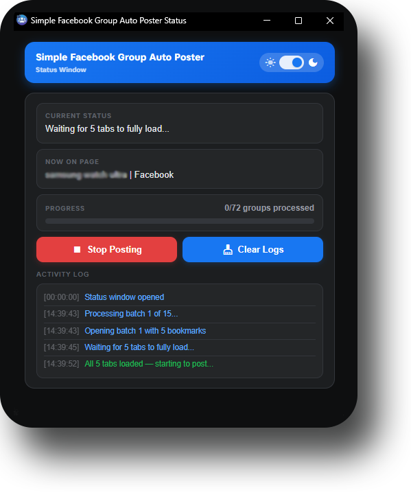 Live status window tracking posting progress across all groups